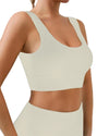 Crochetist Women Sports Bra Removable Cups Scoop Neck Workout Crop Top Ribbed Seamless U Back Yoga Bra White