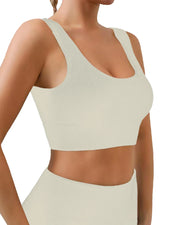 Crochetist Women Sports Bra Removable Cups Scoop Neck Workout Crop Top Ribbed Seamless U Back Yoga Bra White