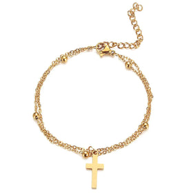 Dainty Gold Beads Chain Cross Bracelet Stainless Steel Rosary Jesus Prayer Crucifix Bracelet Sideways Religious Jewelry for Women-double cross